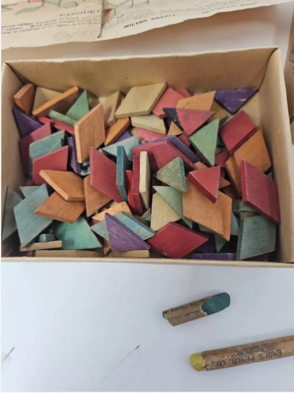 Antique 1800s Christmas Time Capsule Box Petroliana Wood Puzzle Toy Card Crayons